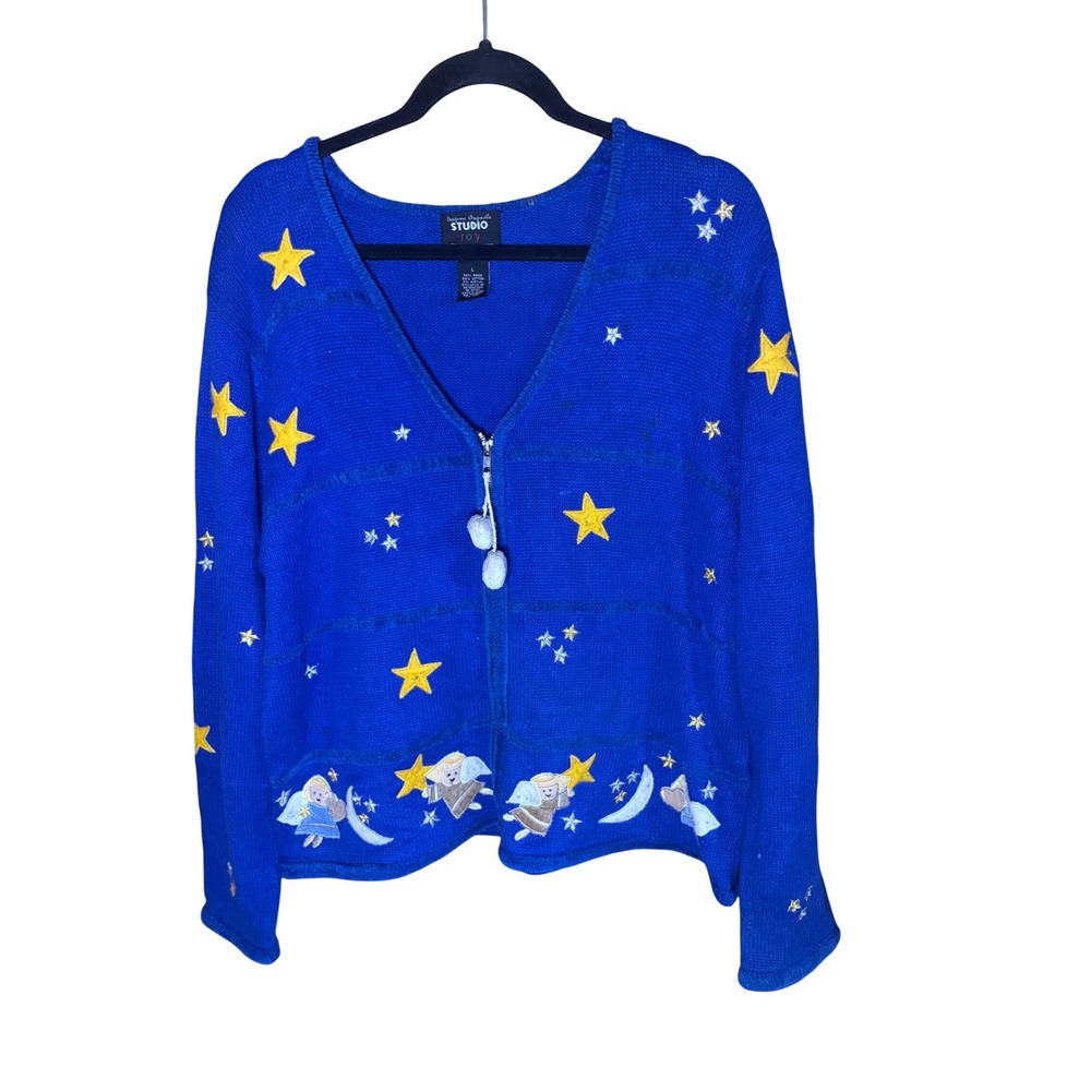 Grandma-core Originals Studio Joy Blue Angel Star Moon Zip Cardigan Large